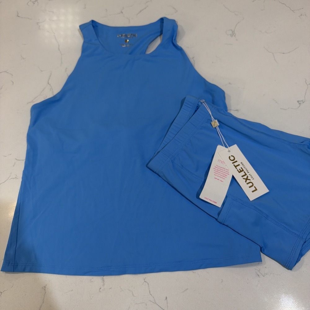 Lilly Pulitzer Luxletic Meryl Active Tank And Shorts Blue UPF 50+ Racerback S